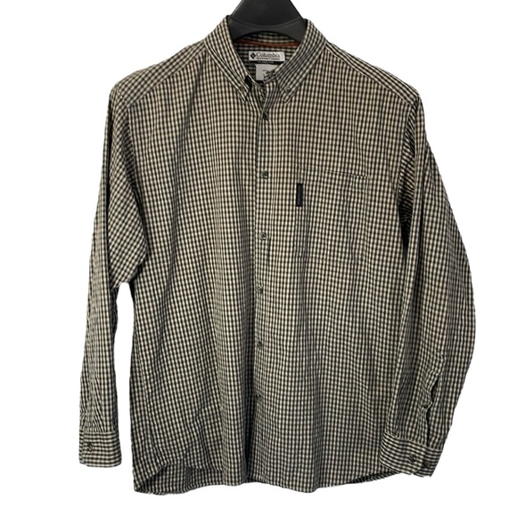 Columbia men’s Size Large plaid long sleeve button down shirt. Tan, Navy & White - Picture 1 of 8